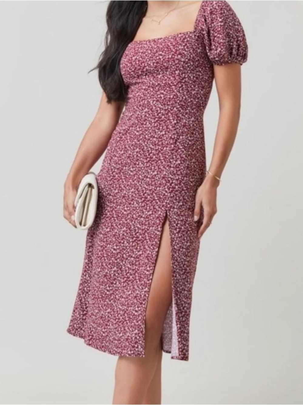 Francesca’s Square-Neck Mauve Floral Midi Dress with Puff Sleeves size s
